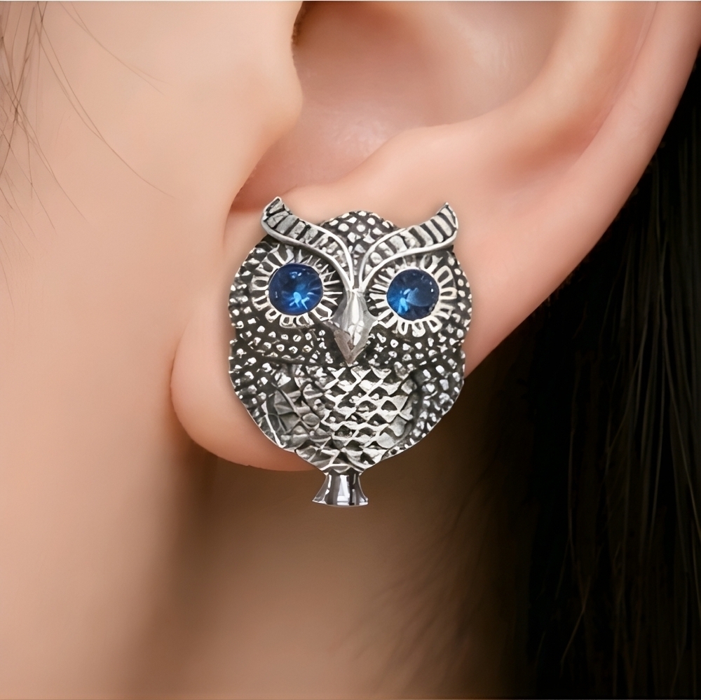 Silver Tone Owl Earrings with Blue Sapphire Rhinestone Eyes
